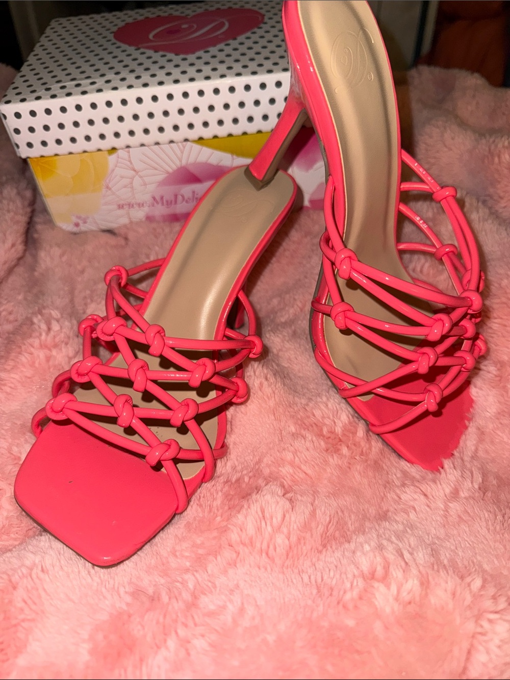Delicious Neon Pink Knotted Strappy Heeled Sandals